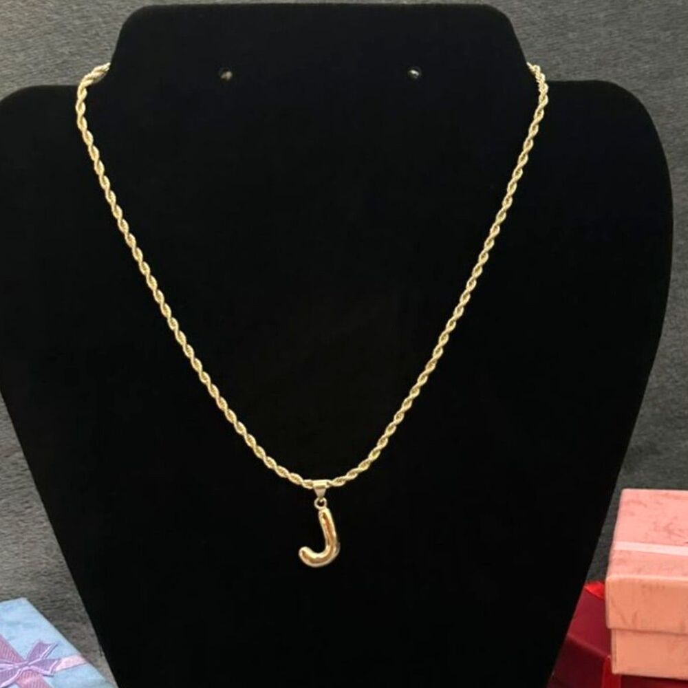 18K Gold Filled Bubble Letter J Pendant Necklace | 18" 2.5mm Rope Chain